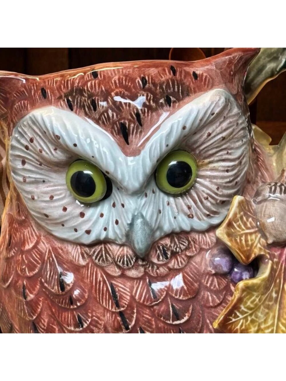 Vintage 1994 Fitz & Floyd Autumn Woods Owl Pitcher – 9" Woodland Fall Acorn Jug - Picture 4 of 10